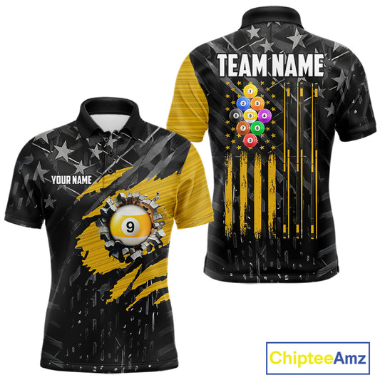 Yellow Black American Flag 9 Ball Pool Men's Billiard Shirt Custom Billiard Jersey Polo, 1/4 Zip TDM6534