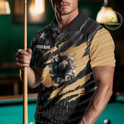Black American Flag 8 Ball Billiard Shirt For Men Custom Billiard Team Jersey Polo & 1/4 Zip |Tan TDM6535