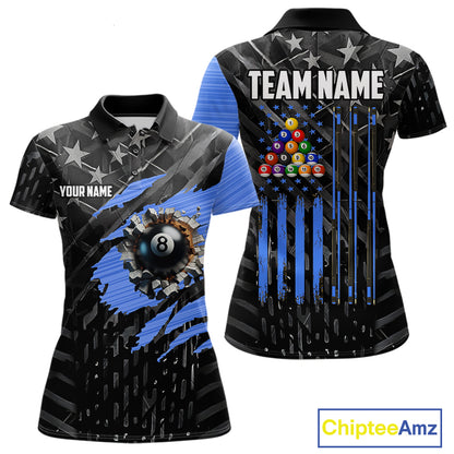 Black American Flag 8 Ball Billiard Shirt For Women Custom Billiard Team Jersey Polo & 1/4 Zip |Blue TDM6536