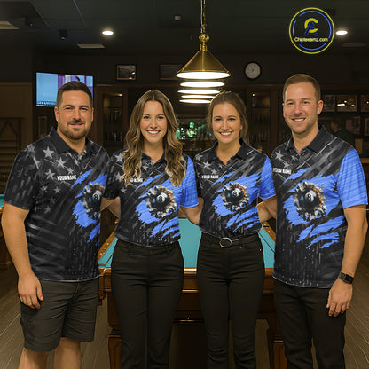Black American Flag 8 Ball Billiard Shirt For Men Custom Billiard Team Jersey Polo & 1/4 Zip |Blue TDM6536