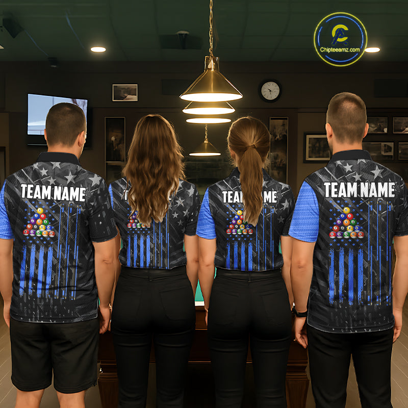 Black American Flag 8 Ball Billiard Shirt For Men Custom Billiard Team Jersey Polo & 1/4 Zip |Blue TDM6536