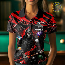 Load image into Gallery viewer, Woman wearing a red grim reaper lightning 8 ball billiard jersey beside a pool table front view.