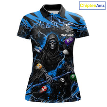 Load image into Gallery viewer, Blue grim reaper lightning 8 ball billiard polo shirt for women with custom pool team graphics.