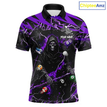 Load image into Gallery viewer, Purple grim reaper lightning 8 ball billiard polo shirt for men with custom pool team graphics.