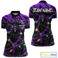 Load image into Gallery viewer, Purple grim reaper lightning 8 ball billiard quarter zip shirt for women designed for league tournaments and team events.
