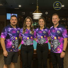 Load image into Gallery viewer, Pool team wearing matching purple 8 ball and 9 ball tornado billiard jerseys during tournament competition front view.