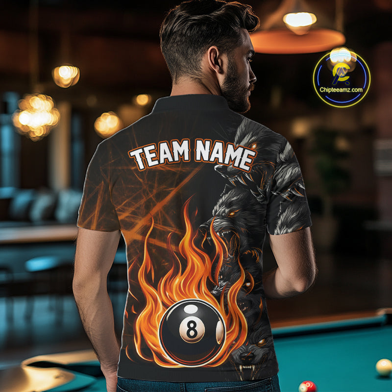 Personalized Orange Wolf Flaming 8 Ball Pool Fire Billiard Shirt Worn by a Man, Back View