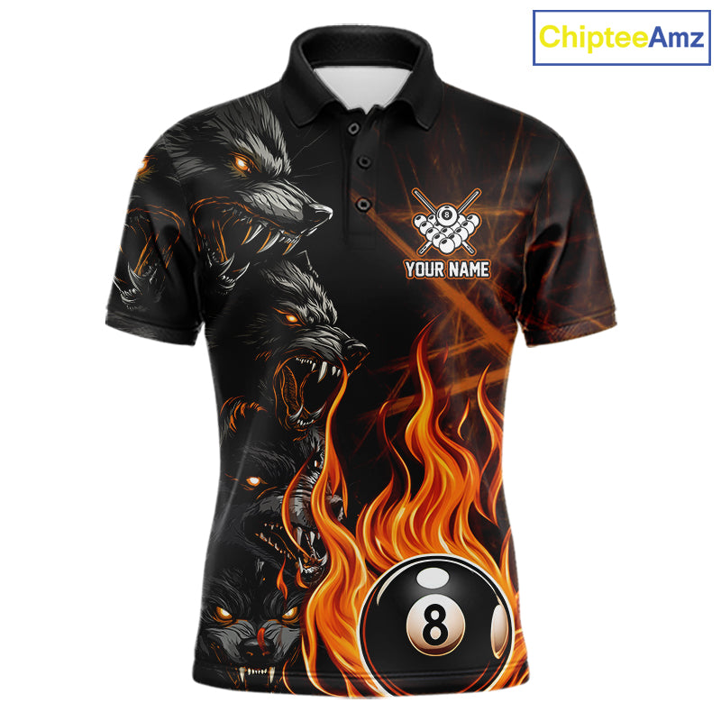 Personalized Orange Wolf Flaming 8 Ball Pool Fire Billiard Polo Shirt for Custom Team League Jersey