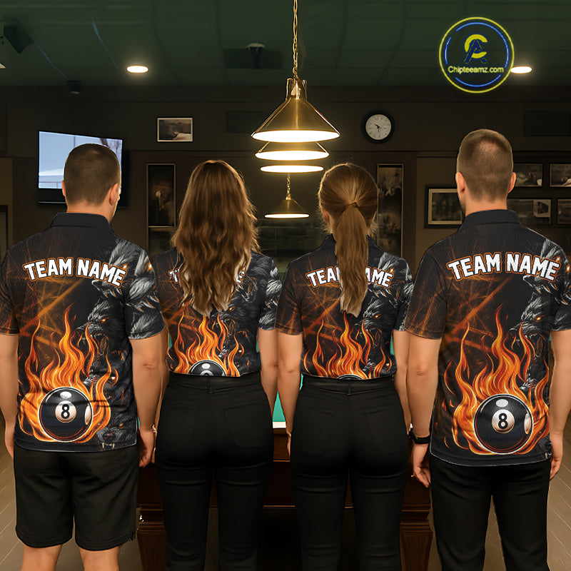 League Billiard Team Wearing Personalized Orange Wolf Flaming 8 Ball Pool Fire Jerseys, Back View