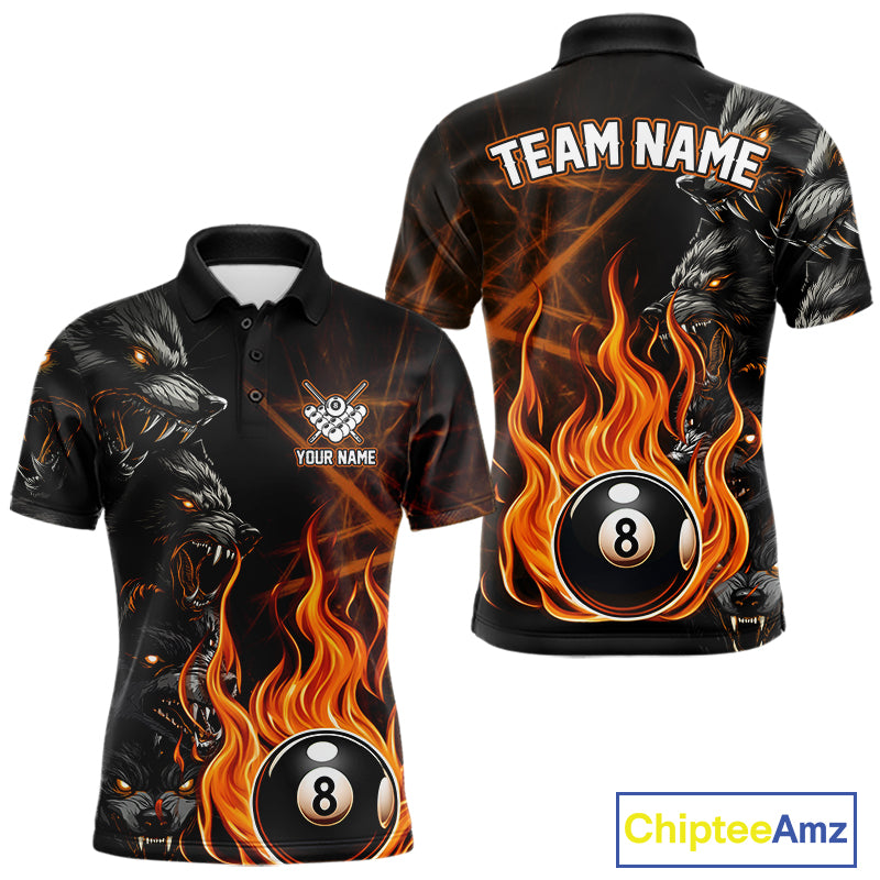 Orange Wolf Flaming 8 Ball Pool Fire Personalized Polo Shirt for Pool League Billiard Players