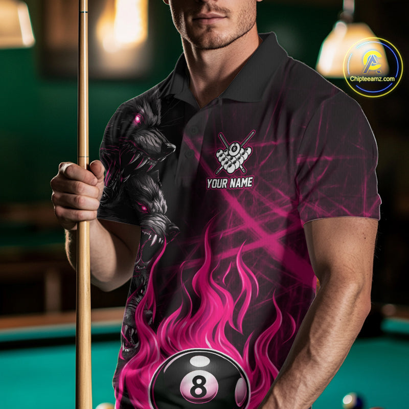 Front View of a Man Wearing Personalized Pink Wolf Flaming 8 Ball Pool Fire Billiard Shirt