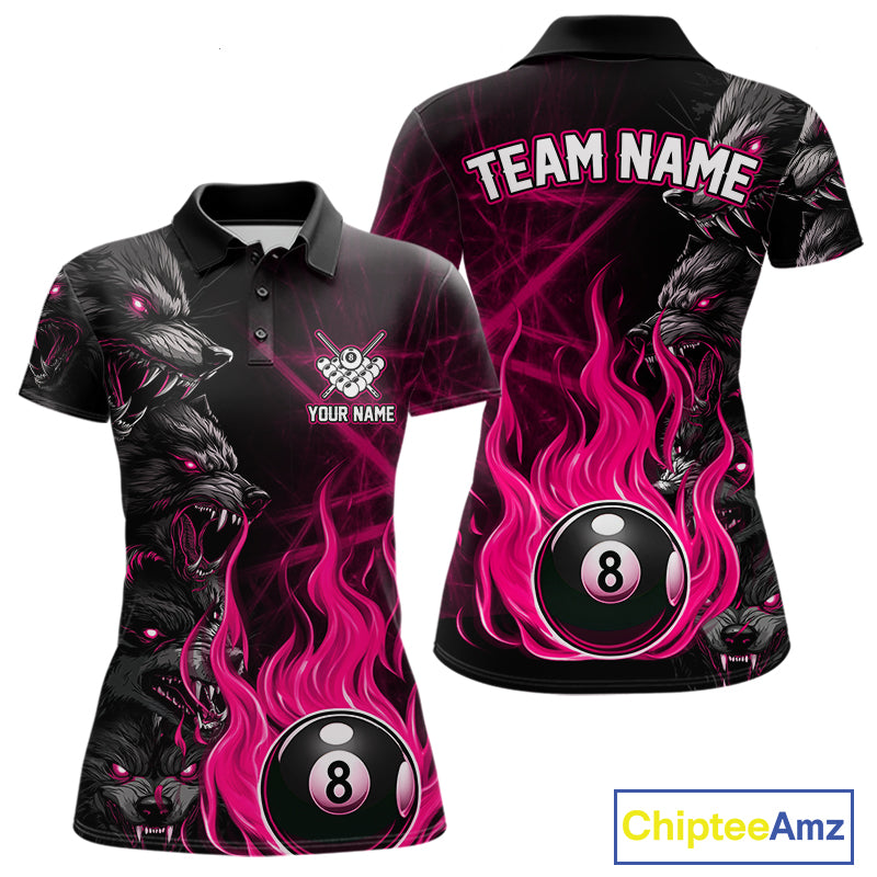 Custom Pink Wolf Flaming 8 Ball Pool Fire Polo Shirt Designed for Personalized Women's Billiard League Team Apparel