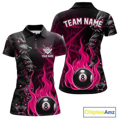 Custom Pink Wolf Flaming 8 Ball Pool Fire Polo Shirt Designed for Personalized Women's Billiard League Team Apparel