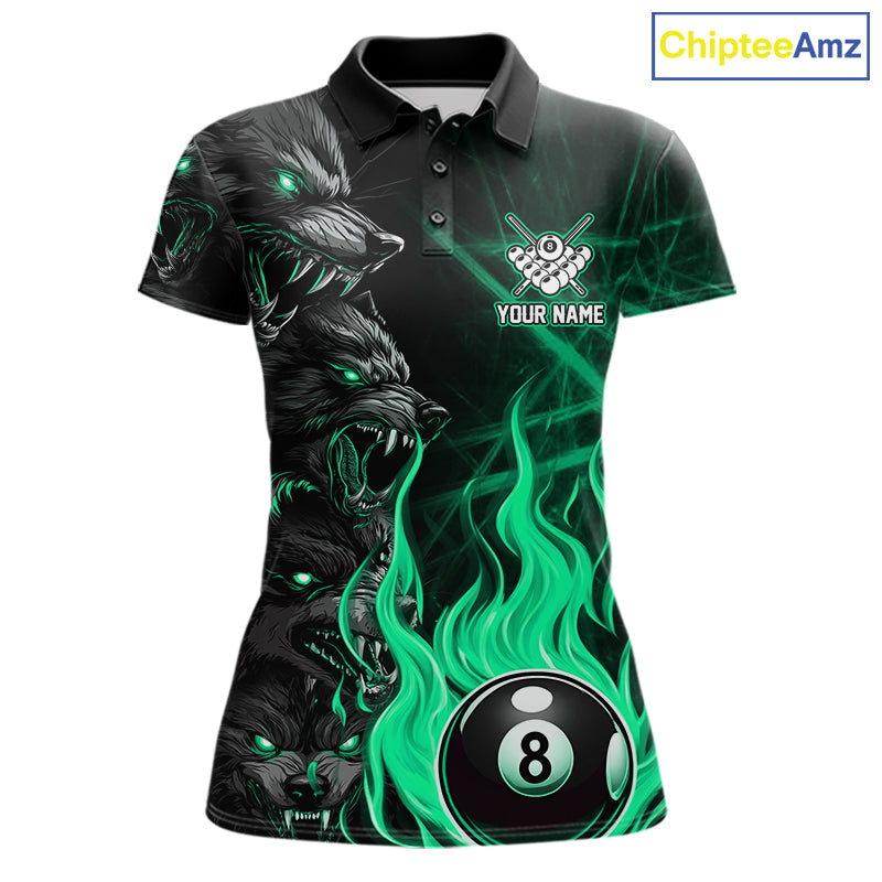 Custom Turquoise Wolf Flaming 8 Ball Pool Fire Billiard Polo Shirt Designed for Women's League Team Jerseys and Competitive Pool Players