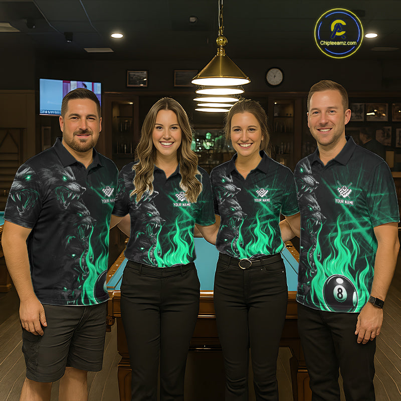 Pool Team Wearing Turquoise Wolf Flaming 8 Ball Pool Fire Billiard Jerseys, Front View
