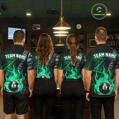 Team League Players Wearing Turquoise Wolf Flaming 8 Ball Pool Fire Jerseys, Back View