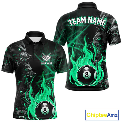 Turquoise Wolf Flaming 8 Ball Pool Fire Custom Polo Shirt for League Billiard Team Jersey
