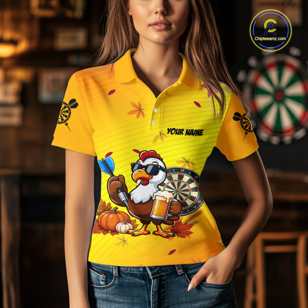 Yellow Funny Turkey Beer Darts Jersey For Women Custom Thanksgiving Shirts For Darts Players TDM7272