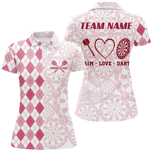 Aim Love Darts Custom Pink Argyle Women Darts Polo & 1/4 Shirts, Funny Darts Shirts Darts Team Jersey TDM2529