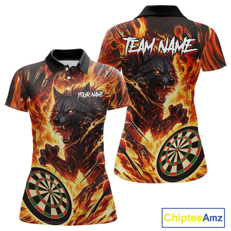 Orange Flaming Wolf Dartboard Jersey For Women Custom Darts League Team Shirt Polo & Quarter Zip TDM5022