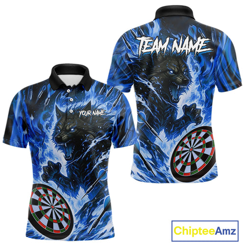 Blue Flaming Wolf Dartboard Jersey For Men Custom Darts League Team Shirt Polo & Quarter Zip TDM5023