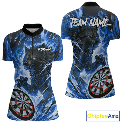 Blue Flaming Wolf Dartboard Jersey For Women Custom Darts League Team Shirt Polo & Quarter Zip TDM5023