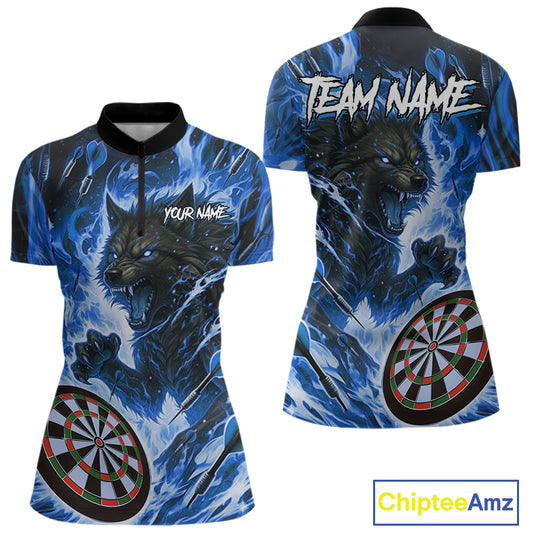 Blue Flaming Wolf Dartboard Jersey For Women Custom Darts League Team Shirt Polo & Quarter Zip TDM5023