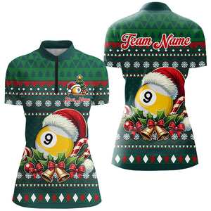 Funny Green Christmas Santa Hat 9 Ball Pool Billiard Shirts For Women Custom Xmas Billiard Jerseys TDM3013