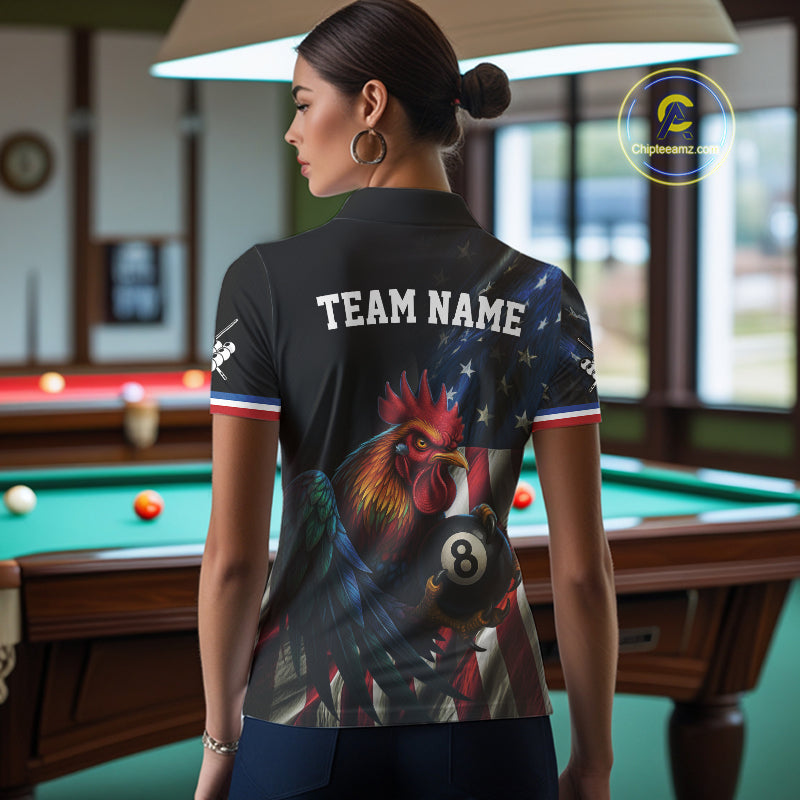 American Flag Rooster 8 Ball Women Billiard Polo & 1/4 Zip Custom Patriotic Team Billiard Jersey TDM5238