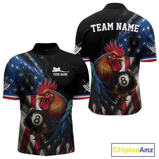 American Flag Rooster 8 Ball Men Billiard Polo & 1/4 Zip Custom Patriotic Team Billiard Jersey TDM5238