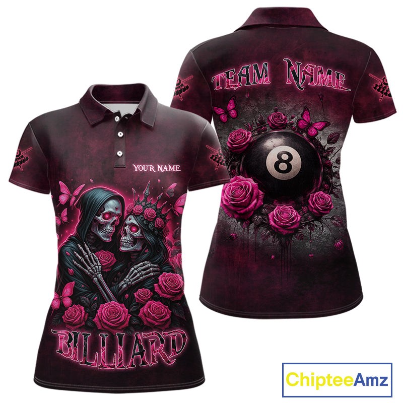 Customized Skeleton And Roses Gothic Romance Billiard Shirt For Women, Valentine 8 Ball Pool Jersey TDM5749