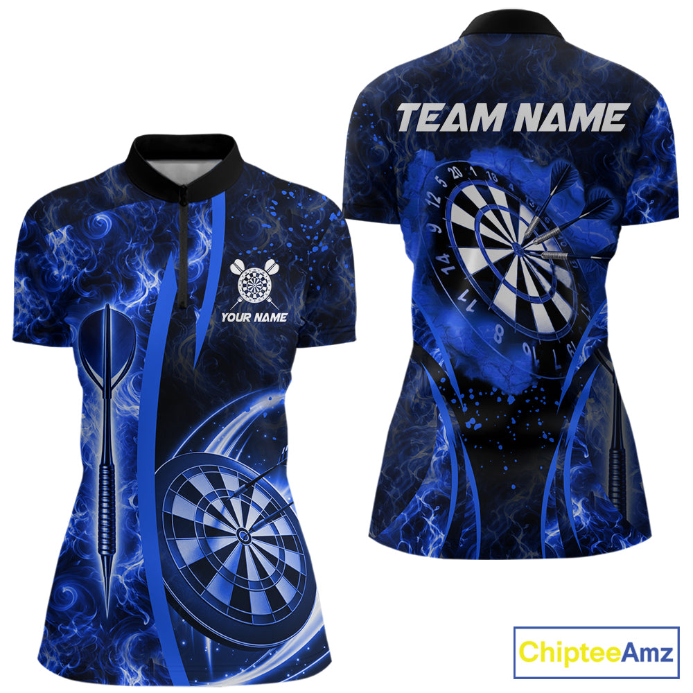 Blue Dartboard Lightning Darts Shirt For Women Custom Flame Darts Team Jersey Polo & 1/4 Zip TDM6113
