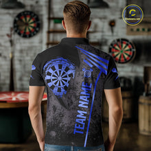 Load image into Gallery viewer, Back view of man wearing a blue grunge dartboard darts shirt.