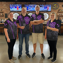 Load image into Gallery viewer, Darts team wearing matching purple grunge dartboard darts jerseys during league competition front view.