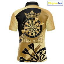 Load image into Gallery viewer, Black and gold dartboard crown darts polo shirt for men with custom darts league team graphics.