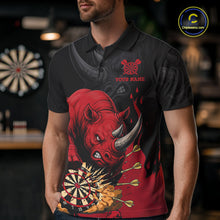 Load image into Gallery viewer, Man wearing a black and red funny rhino darts jersey front view.