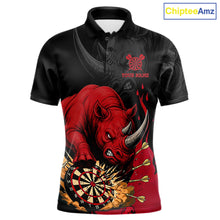 Load image into Gallery viewer, Black and red funny rhino darts polo shirt for men with custom darts team graphics.