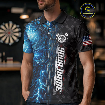 Personalized Blue Darts Skull Thunder Lightning Darts Shirt For Men, US Flag Darts Team Jersey TDM4613