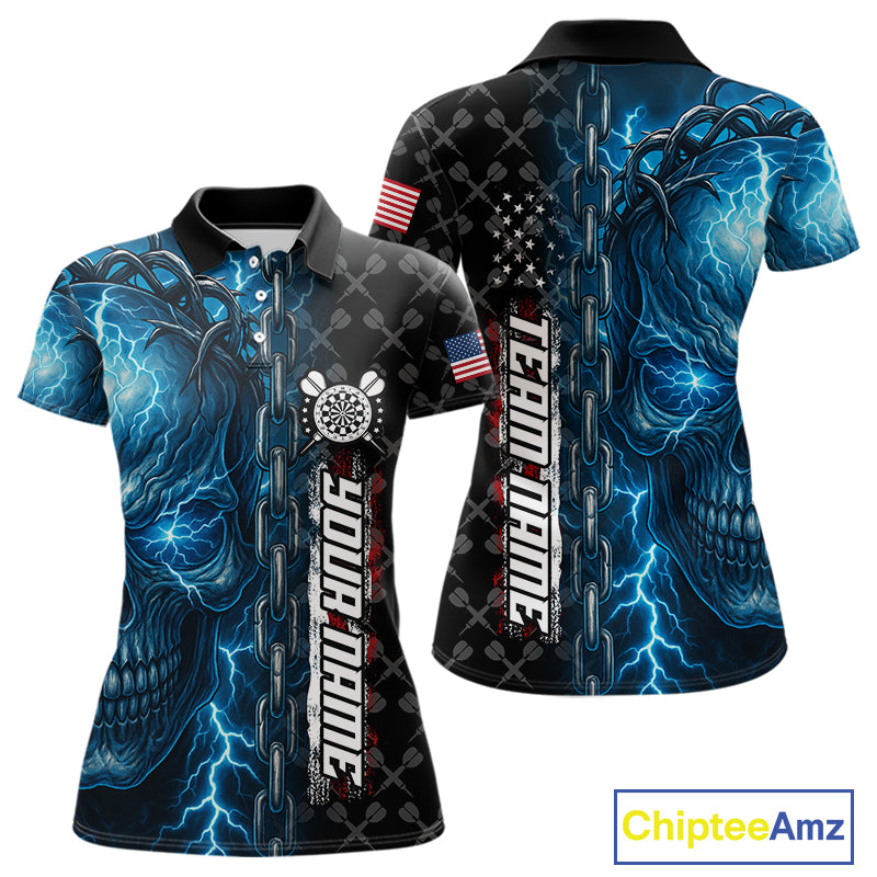 Personalized Blue Darts Skull Thunder Lightning Darts Shirt For Women, US Flag Darts Team Jersey TDM4613