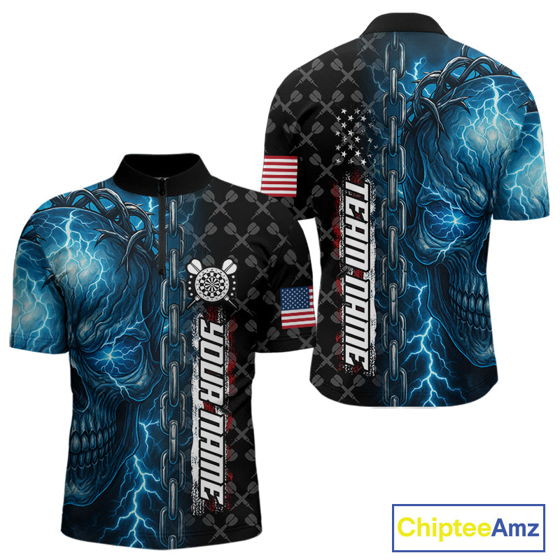 Personalized Blue Darts Skull Thunder Lightning Darts Shirt For Men, US Flag Darts Team Jersey TDM4613
