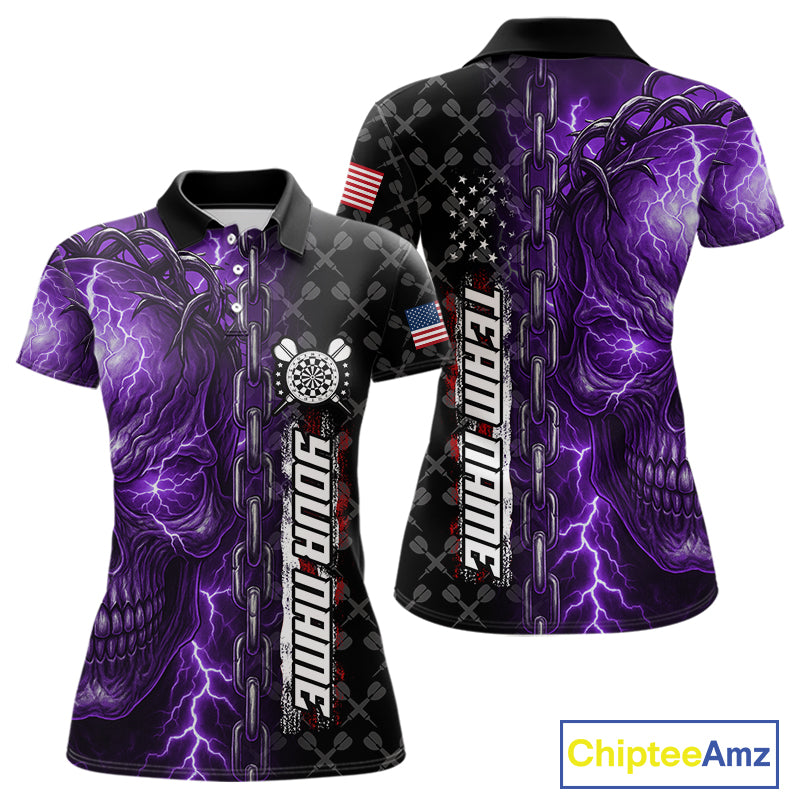 Personalized Purple Darts Skull Thunder Lightning Darts Shirt For Women, US Flag Darts Team Jersey TDM4614