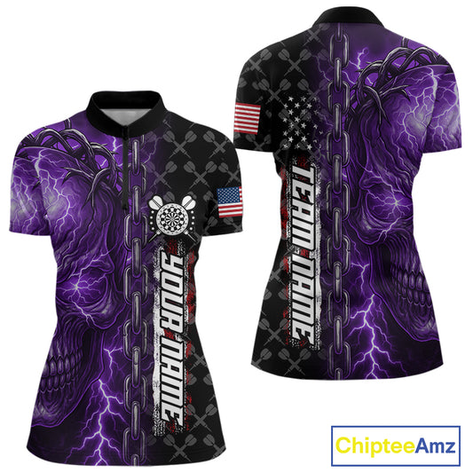 Personalized Purple Darts Skull Thunder Lightning Darts Shirt For Women, US Flag Darts Team Jersey TDM4614