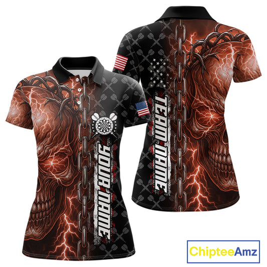 Personalized Orange Darts Skull Thunder Lightning Darts Shirt For Women, US Flag Darts Team Jersey TDM4615