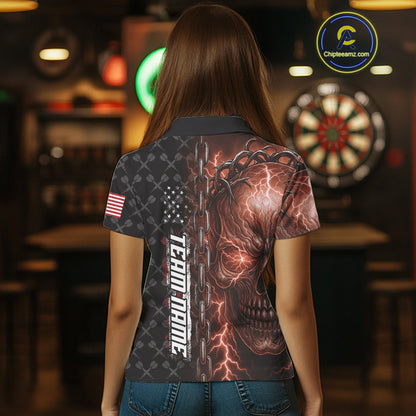 Personalized Orange Darts Skull Thunder Lightning Darts Shirt For Women, US Flag Darts Team Jersey TDM4615