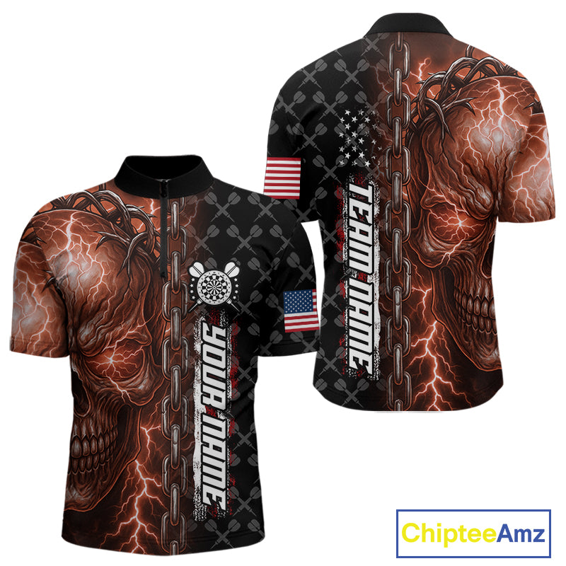 Personalized Orange Darts Skull Thunder Lightning Darts Shirt For Men, US Flag Darts Team Jersey TDM4615