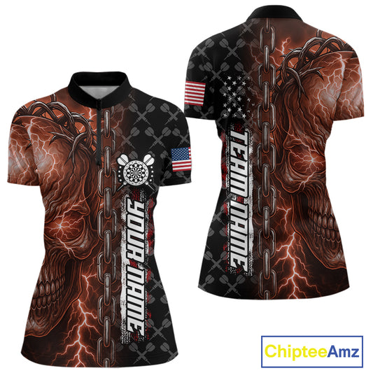 Personalized Orange Darts Skull Thunder Lightning Darts Shirt For Women, US Flag Darts Team Jersey TDM4615