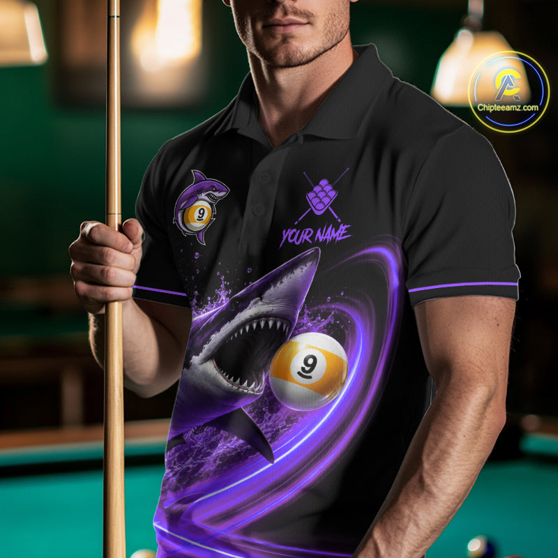 Black And Purple 9 Ball Shark Billiard League Shirts For Men Custom Pool Team Jersey Polo, 1/4 Zip TDM7298
