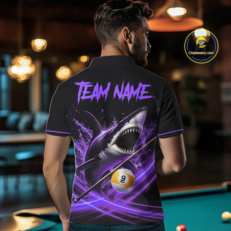 Black And Purple 9 Ball Shark Billiard League Shirts For Men Custom Pool Team Jersey Polo, 1/4 Zip TDM7298