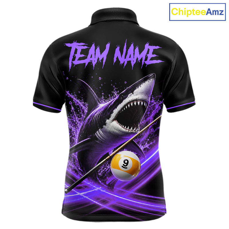 Black And Purple 9 Ball Shark Billiard League Shirts For Men Custom Pool Team Jersey Polo, 1/4 Zip TDM7298