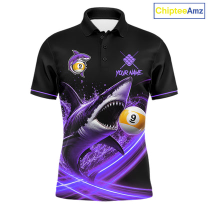 Black And Purple 9 Ball Shark Billiard League Shirts For Men Custom Pool Team Jersey Polo, 1/4 Zip TDM7298
